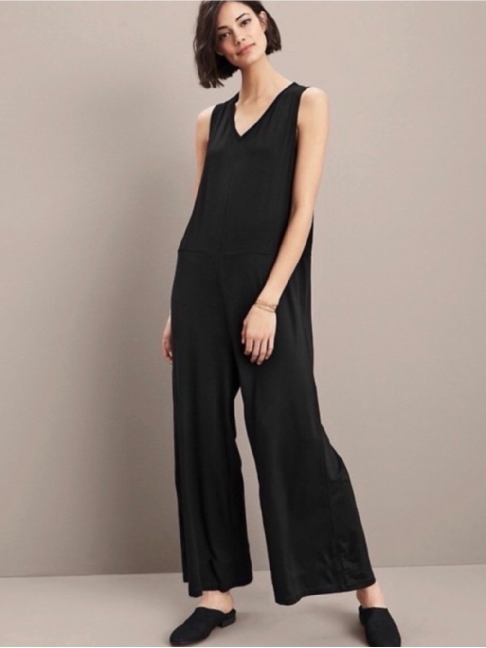 Eileen Fisher Black Sleeveless V-Neck Wide-Leg Jumpsuit